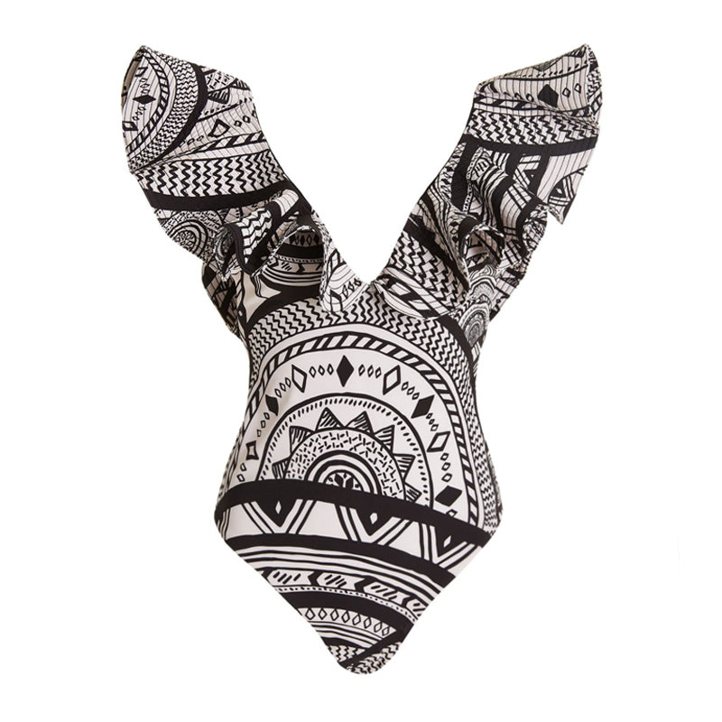 Damen Deep V gerüschter Vintage-Badeanzug mit Print für Frauen 2024 neu_voghion.com