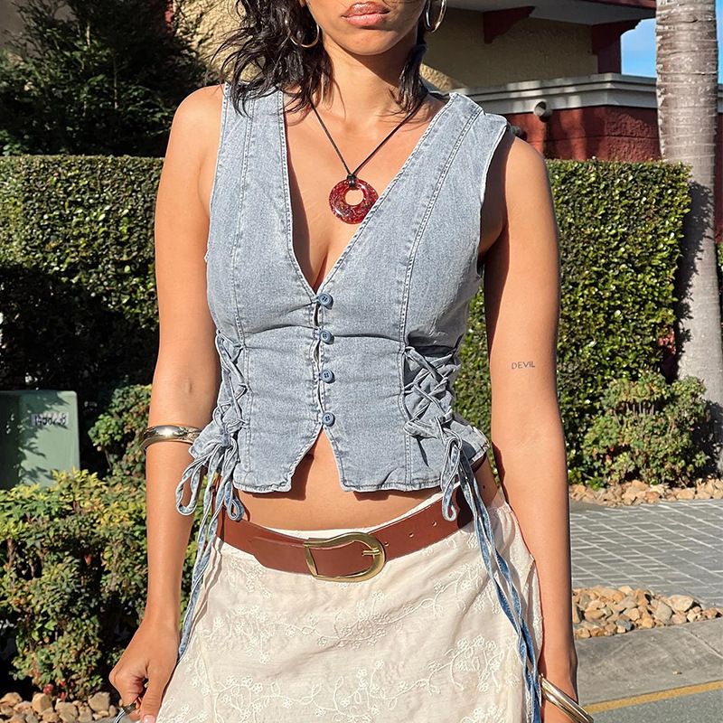 Women's Clothing Denim Tops Fashion Hot Girl Chest Wrap Vest_voghion.com