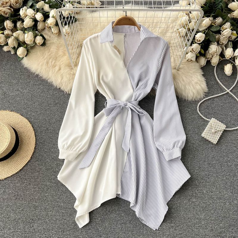Abbigliamento femminile Camicia dal temperamento di media lunghezza dimagrante con risvolto a righe di colore irregolare con lacci in vita_voghion.com