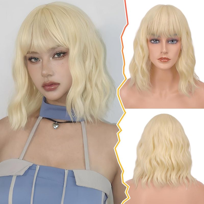 Kurze Bob-Perücke mit Pony, schulterlang, kurze Perücke für Damen, lockig, gewellt, synthetische Cosplay-Perücke für Mädchen, Kostümperücken, bunt, natürlich gewellt, weich_voghion.com