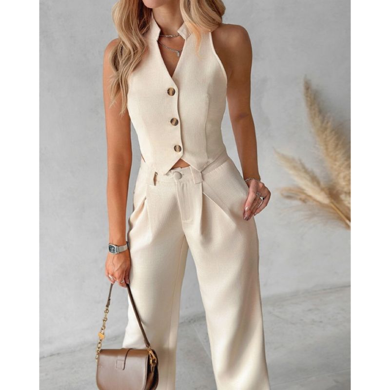 Vêtements pour femmes débardeur boutonné pantalon large costume décontracté_voghion.com