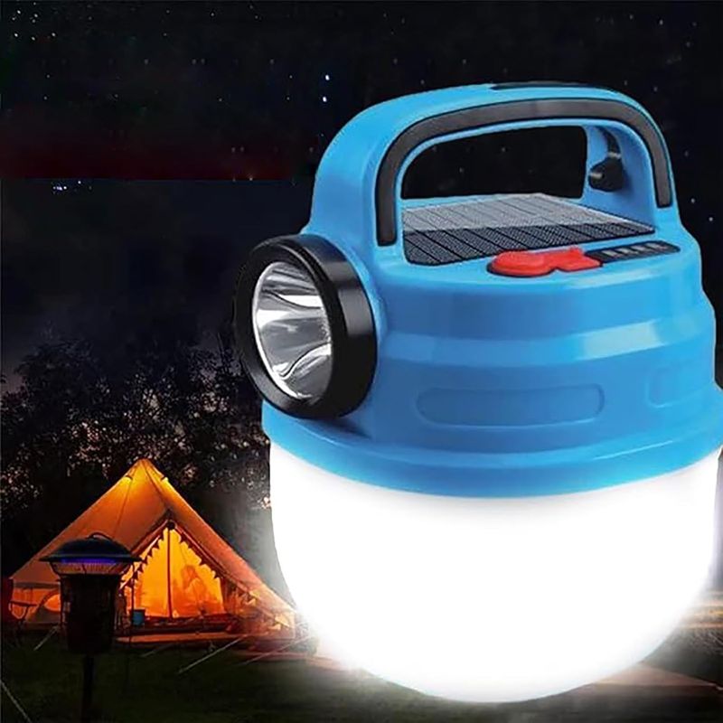 Lampe de camping portable, alimentée par énergie solaire et rechargeable par USB, avec 6 modes d'éclairage, lampe suspendue IP65 pour l'extérieur (grande, bleue)_voghion.com