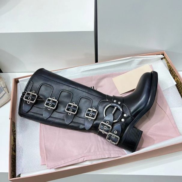 Cavaliere alto versione alta con fibbia per cintura, stivali al ginocchio da donna con tacco spesso, stivali da cowboy western punk_voghion.com