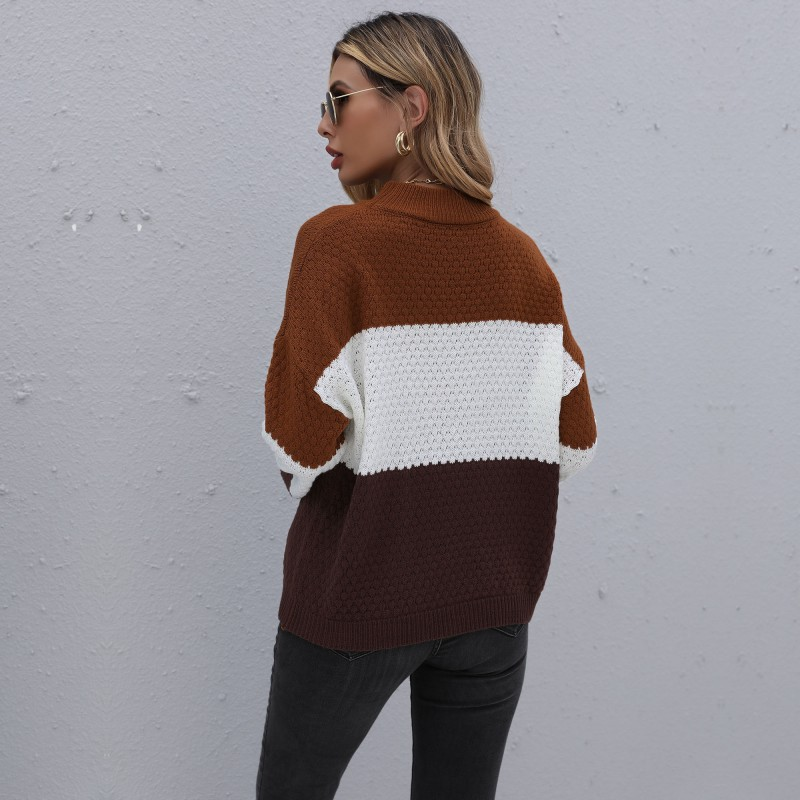 Contrasting Patchwork Color Lazy Half Turtleneck Pullover Sweater_voghion.com