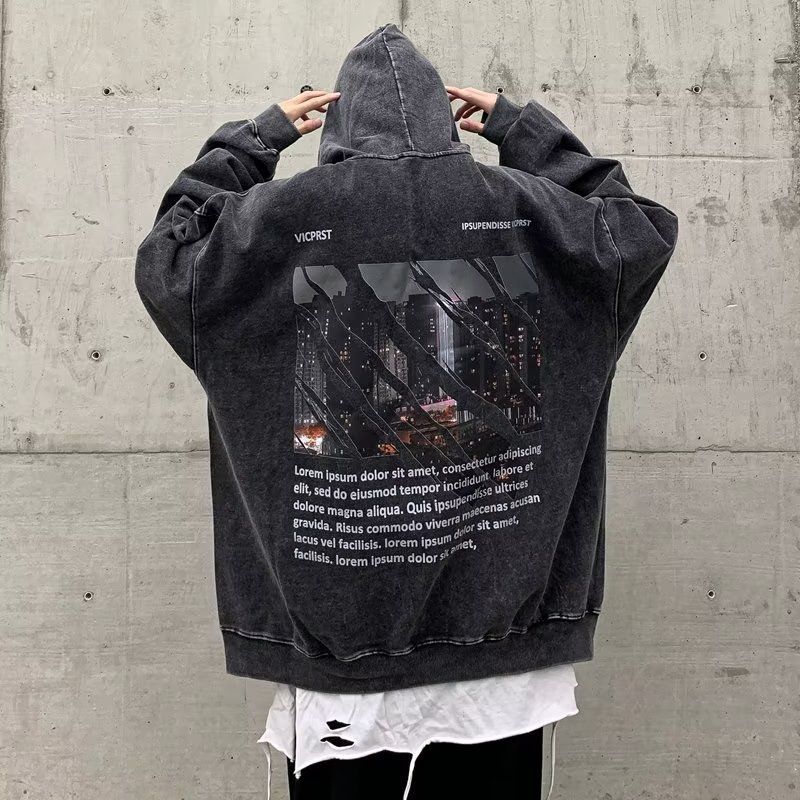 Vielseitiger Kapuzenpullover aus reiner Baumwolle im High-Street-Stil für Männer, gewaschene, trendige und schöne Kapuzenjacke im alten amerikanischen Stil_voghion.com