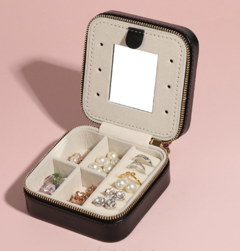 PU Minimalist Jewelry with Mirror Storage Box Creative Portable Jewelry Storage Box Zipper Jewelry Box Small Jewelry Box_voghion.com