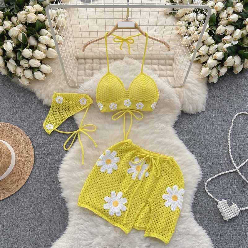 Dameskleding Gebreide bikiniset met bandjes in badplaatsstijl voor dames, zomerbloemmotief, nichemelkzoetheid en puur verlangen, driedelige set_voghion.com