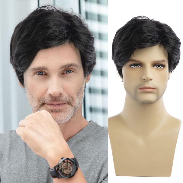 Parrucca sintetica da uomo con clip, capelli castani corti e ricci, riga laterale, in fibra chimica di seta ad alta temperatura, parrucca corta, pezzo unico_voghion.com