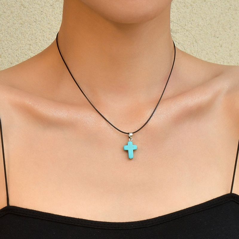 Collar con colgante de cruz turquesa de moda, ajustable, resistente al agua y con cordón encerado, ideal para mujer, ideal para desplazamientos y oración._voghion.com