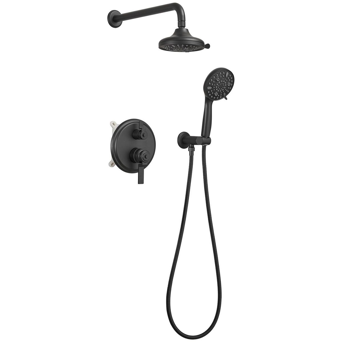 Single-Handle 1-Spray Round Rain Shower Faucet Combo Set With Dual Function Pressure Balance Valve In Matte Black_voghion.com