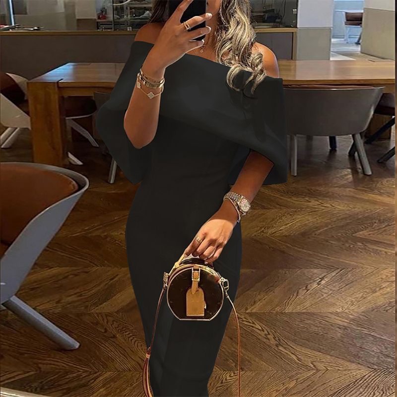 Women's Straight Collar Shoulder Slim Dress Hip Cover Dress_voghion.com