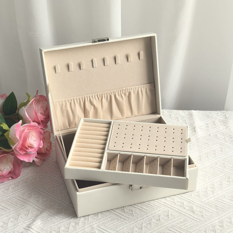 Luxury Leather Jewelry Box Organizer - Multi-Layer Necklace & Ring Storage Case With Mirror, Elegant Gift Packaging (23x17x8.5cm)_voghion.com