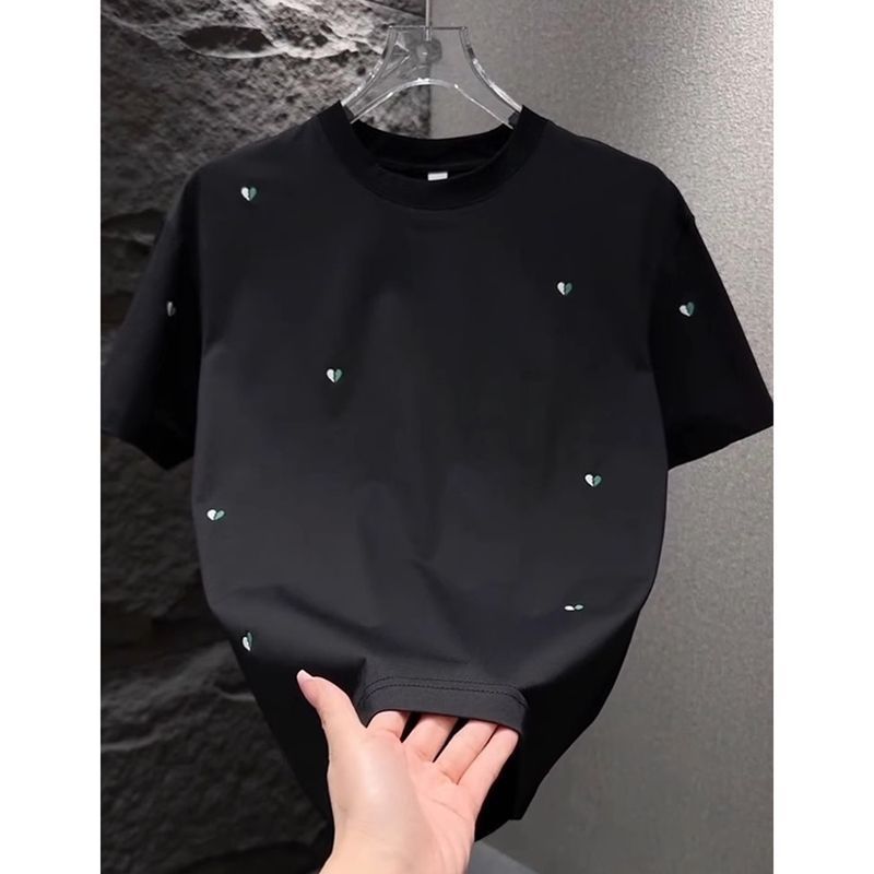 Heart-shaped Embroidered T-shirt, Men's Short-sleeved, Summer Trendy Brand, Elastic, Slimming And Versatile T-shirt_voghion.com