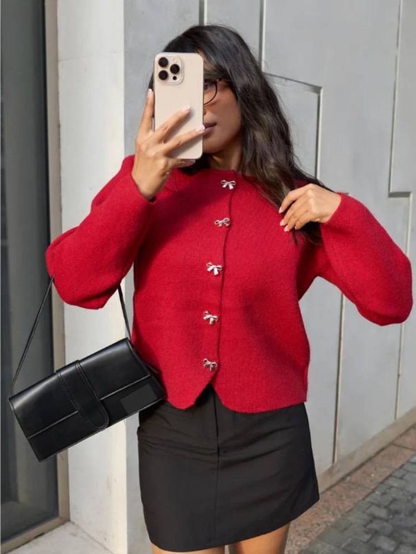 Elegant Red Bow-Knit Cardigan – Timeless Inspired Open Front Sweater For Women_voghion.com