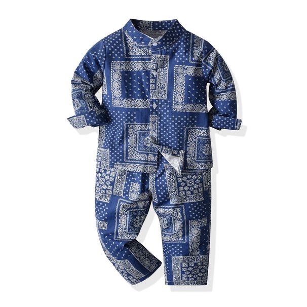 Kannerkleeder Jongen Langärmelkostüm blo Fréijoer an Hierscht 2024 nei personaliséiert Retro-Print Langärmelhemd Kannerkostüm_voghion.com