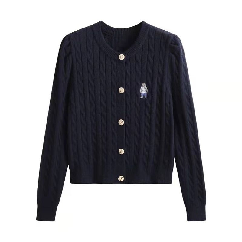 Women's Clothing twisted solid color knitted cardigan new style bear embroidery round neck sweater women autumn and winter short jacket top trend_voghion.com