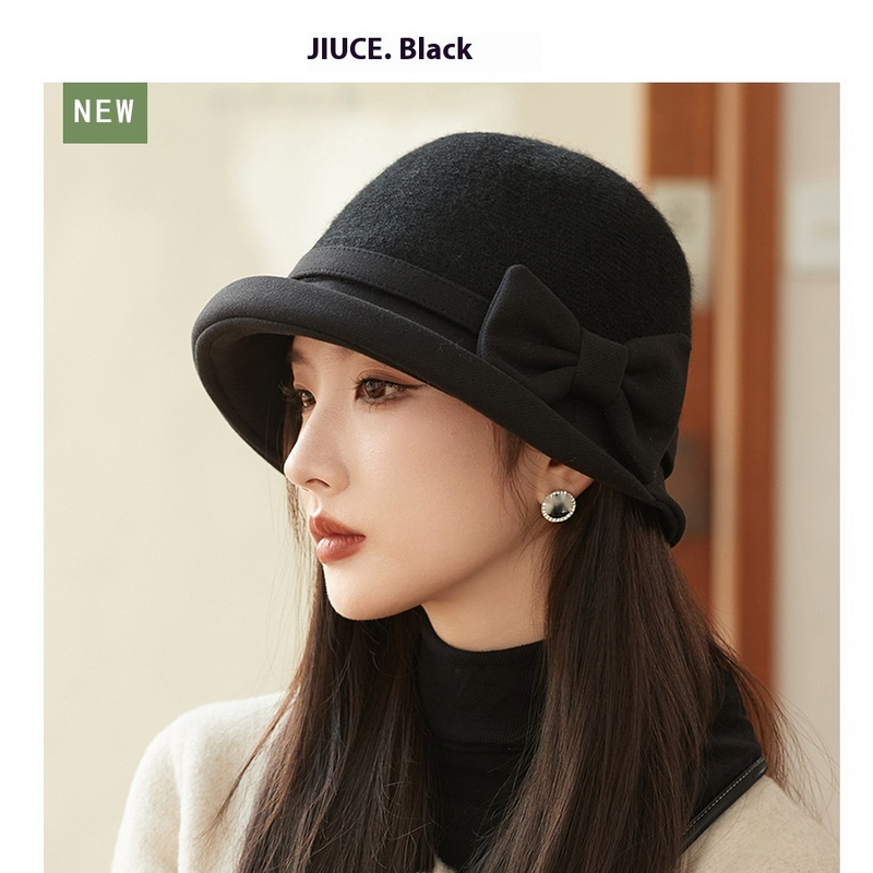 Hepburn Wind Japanese Curled Bow Wool Fisherman's Hat Children's Autumn And Winter Luxury Warm Top Hat Basin Hat Bucket Hat_voghion.com