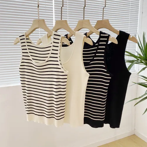 Damenbekleidung: Unterhemd aus Eisseide mit U-Ausschnitt für Damen im Sommer, ärmelloses Oberteil mit Strickunterteil, schmal geschnittenes Camisole_voghion.com