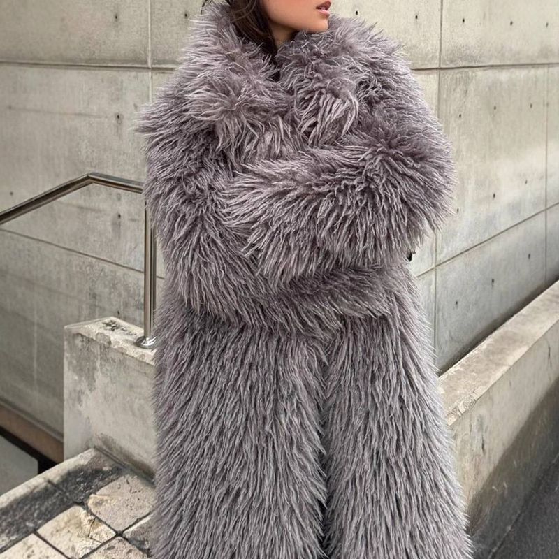 Women's Clothing Grey lapel plush coat autumn and winter loose lazy warm fur coat_voghion.com