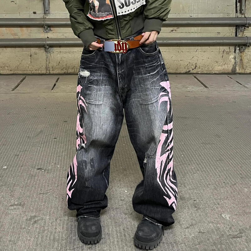 Women’s Clothing Retro Large Size Washed Blade Print Jeans Women's Street Loose Slim Wide Leg Trousers Trendy Brand_voghion.com