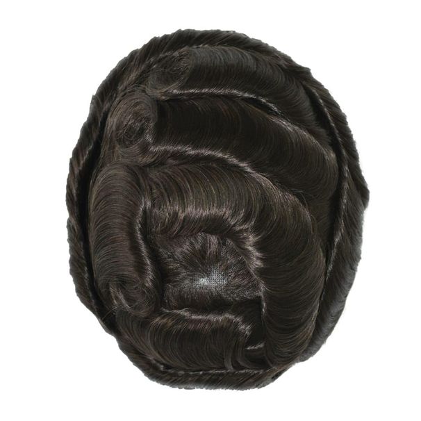 Ominilace Toupet für Männer, 100 % Echthaarteile, französische Spitze vorne, Poly-Haut, geknotetes Haarersatzsystem, Echthaar, Herrenperücken, Dunkelbraun #2_voghion.com