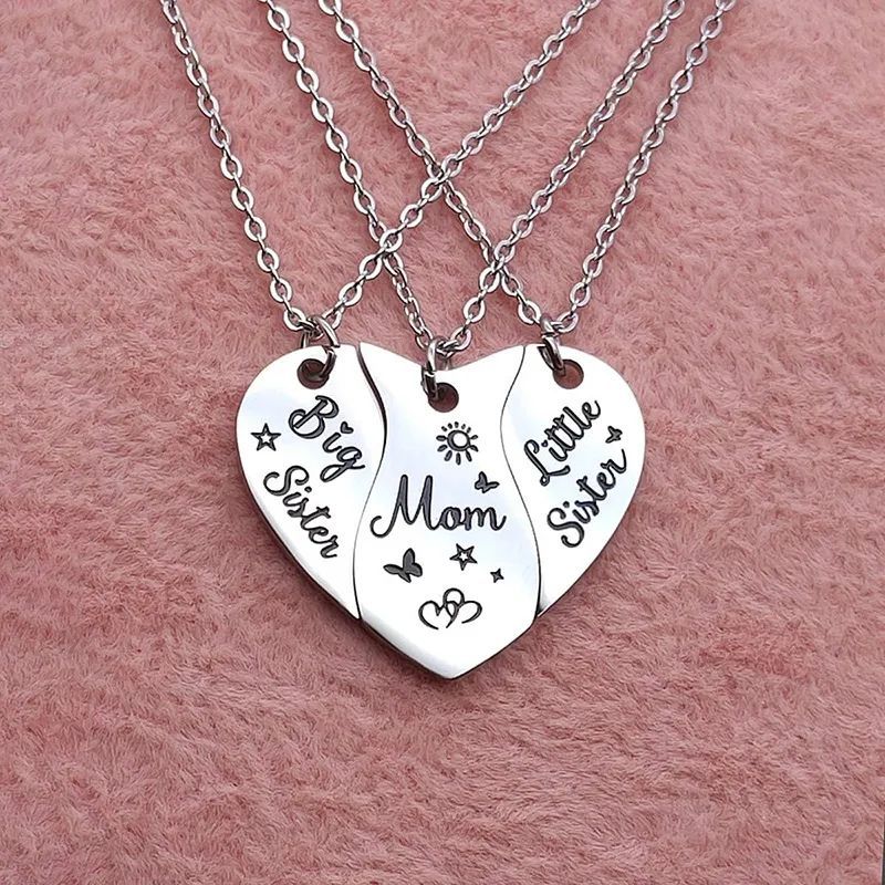 3 PCS Heart-shaped Matching Mom Sisters Necklace Set Stainless Steel Mother Daughter Necklaces_voghion.com