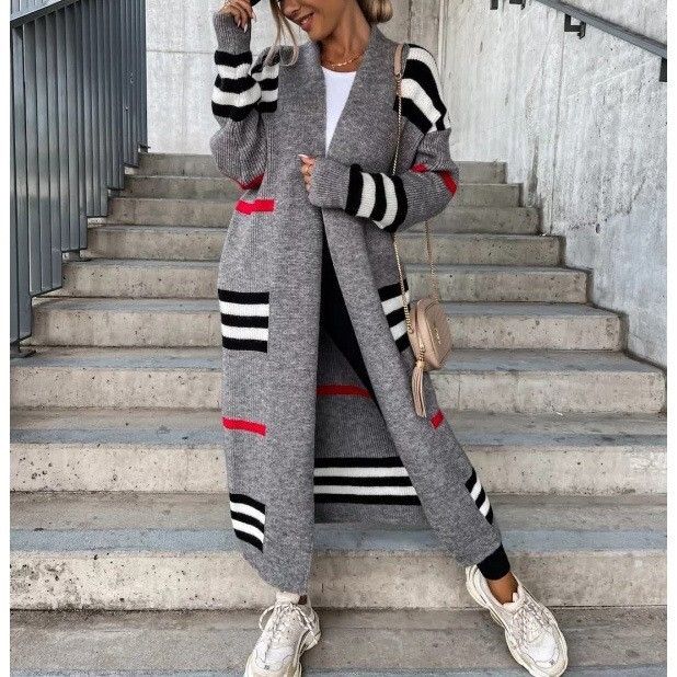2024 Long striped knit cardigan loose oversized sweater jacket_voghion.com