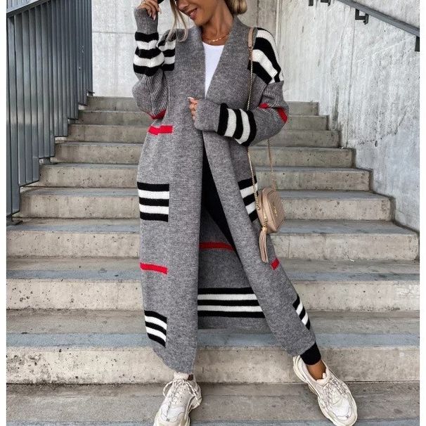 2024 Long striped knit cardigan loose oversized sweater jacket_voghion.com