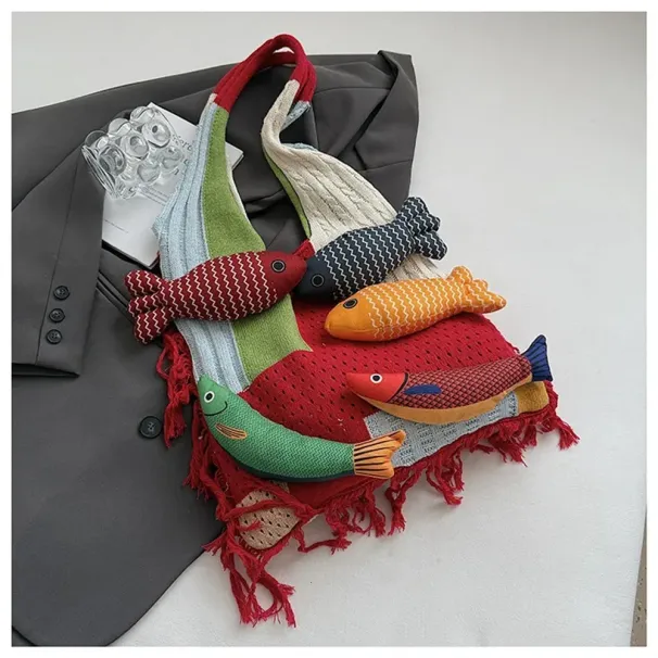 Gehäkelte Schultertasche aus Baumwolle mit Fischmotiv, großes Fassungsvermögen, durchbrochenes Webmuster, modische Tragetasche für den Sommer 250714_voghion.com
