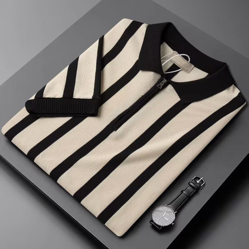 Polo estiva a maniche corte da uomo, stile retrò, a righe, con cerniera, a mezza manica, versatile, casual, per adolescenti._voghion.com