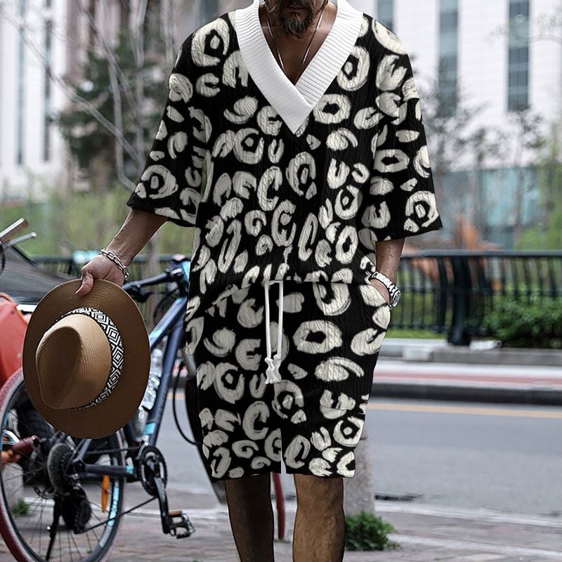 Men's Clothing Graffiti Print Three Quarter Sleeved Shorts Oversize Drop Shoulder Casual Suit_voghion.com