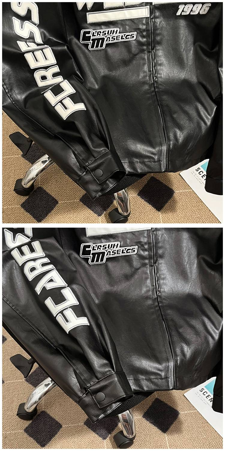 Herrenbekleidung Vintage Motorrad bestickte PU-Lederjacke im Retro-Biker-Stil Rennjacke mit Kapuze, Slim Fit Reißverschluss (M/L/XL/2XL)​_voghion.com