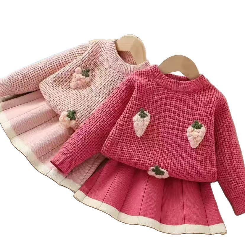 JINYONG Nieuwe 2025 Meisjes Gebreide Trui Pak Rok Ronde Hals Effen Kleur Grote Aardbei Pullover Tweedelige Set_voghion.com