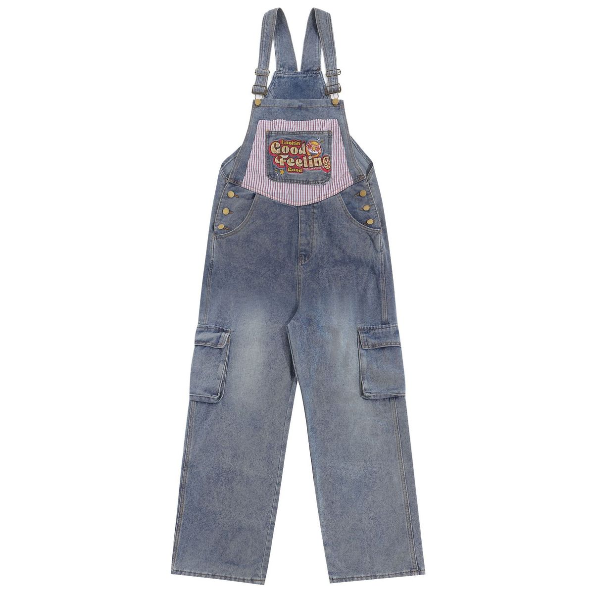 Man's clothing Vintage embroidery patchwork striped pocket cargo jumpsuit denim suspenders for men and women_voghion.com