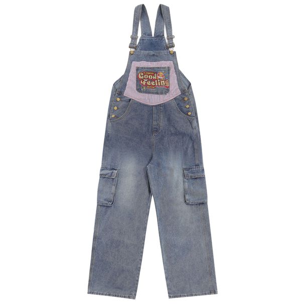 Man's clothing Vintage embroidery patchwork striped pocket cargo jumpsuit denim suspenders for men and women_voghion.com