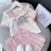 Set uniforme per studentesse estive per bambine, JK, magliette con colletto alla coreana e gonne a pieghe, 2 pezzi, completo per bambini, top e fondo_voghion.com