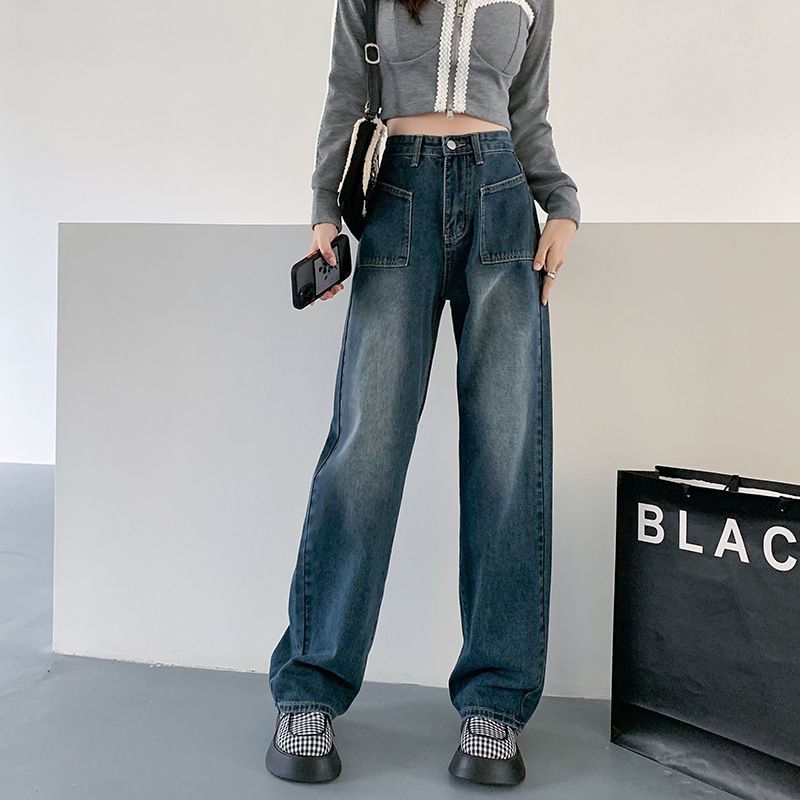 Weite Jeans, Damen-Jeans mit hoher Taille, lockeres Herbst-Hängegefühl, kleine Statur, neuer amerikanischer Stil, gerader Beinboden_voghion.com