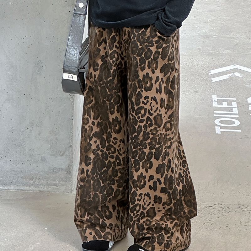 Girls Leopard Print Pants Spring 2025 New Style Medium And Large Children's Personalized Print Wide Leg Pants Korean Retro Straight Pants Fashionable_voghion.com