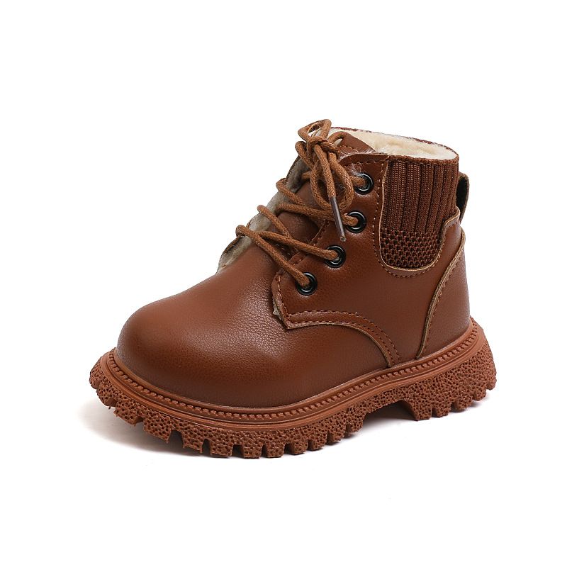 Child's Shoes Solid Color And Fleece Ankle Boots Boys Fashion Martens Girls Soft-soled Boots Large Cotton Leather Boots_voghion.com