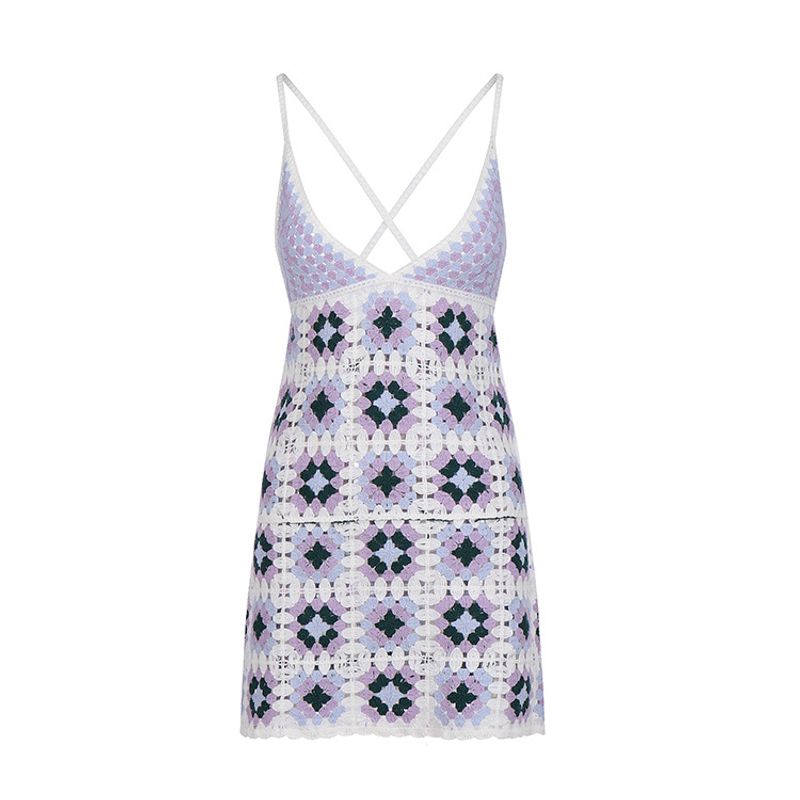 Dalong Pullover Elegantes Frühlings- und Sommerkleid mit lila und weißem geometrischem Muster, handgehäkelt, Kreuzkleid für Damen_voghion.com