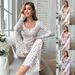 Kadın Uzun Kollu Pantolon Pijama İki Parçalı Takım Ev Giyim, Çiçek Baskılı, Dar Kesim, Yumuşak Ve Rahat._voghion.com