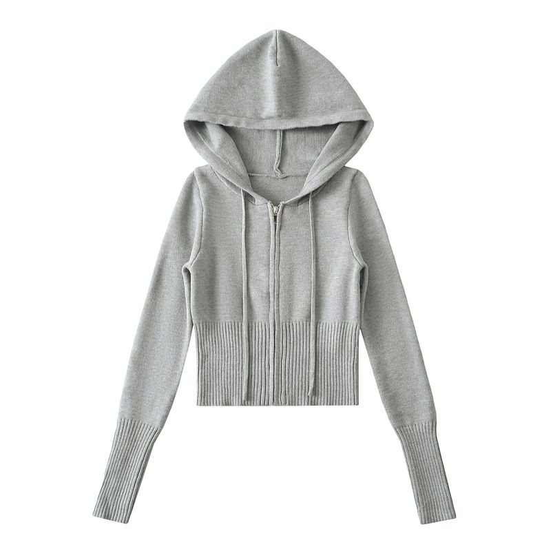 Women's Clothing Casual Drawstring Hooded Zip-Up Long Sleeve Cardigan Sweater - Slim Fit, Soft Stretch Fabric, V-Neck, Lightweight Layering Piece_voghion.com