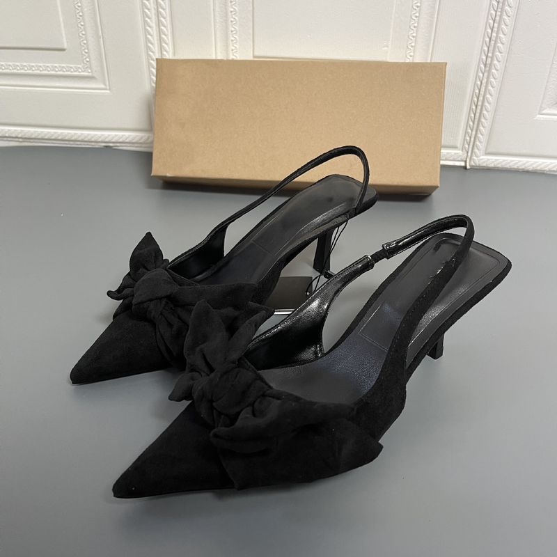 p9 nova primavera sapatos femininos dedo do pé preto camurça arco decorado com elegantes saltos altos sandálias stiletto mule para mulher_voghion.com