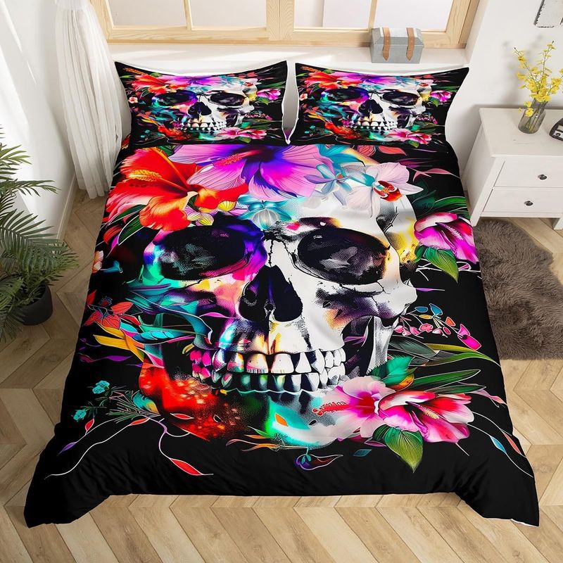 Sugar Skull Quilt Cover,Gothic Skeleton Duvet Cover Cot For Kids Boys Girls,Halloween Skull Bedding Set,Watercolor Floral Bed Bedroom Decor_voghion.com