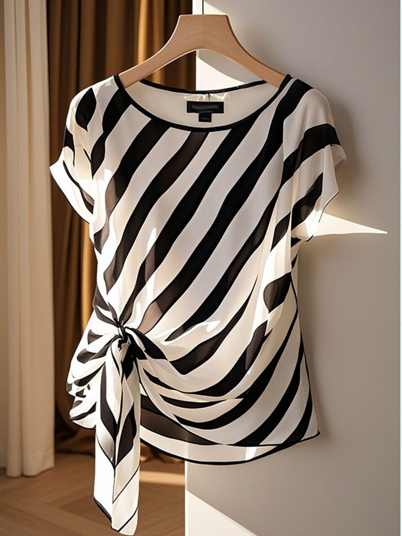 Unregelmäßiges Hemd Damen Kurzarm Gestreiftes T-Shirt Sommer Neues Schickes Kleines Hemd High-End-Temperament Chiffon-Top_voghion.com