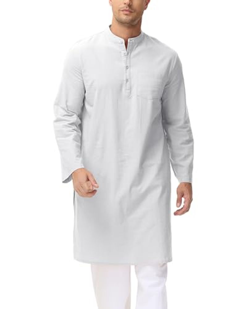 2025 Men's Muslim Robe Neck Long Sleeve Kaftan Button High Thobe M-3XL_voghion.com