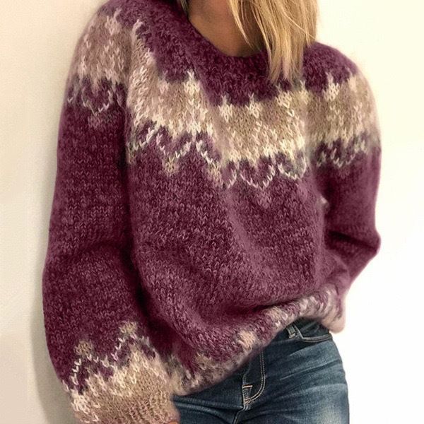 Damen Herbst Winter Lässiger Oversize Mohair Strickpullover Mit 3D Jacquard Muster, Rundhals Langarm Pullover, Weich & Warm_voghion.com