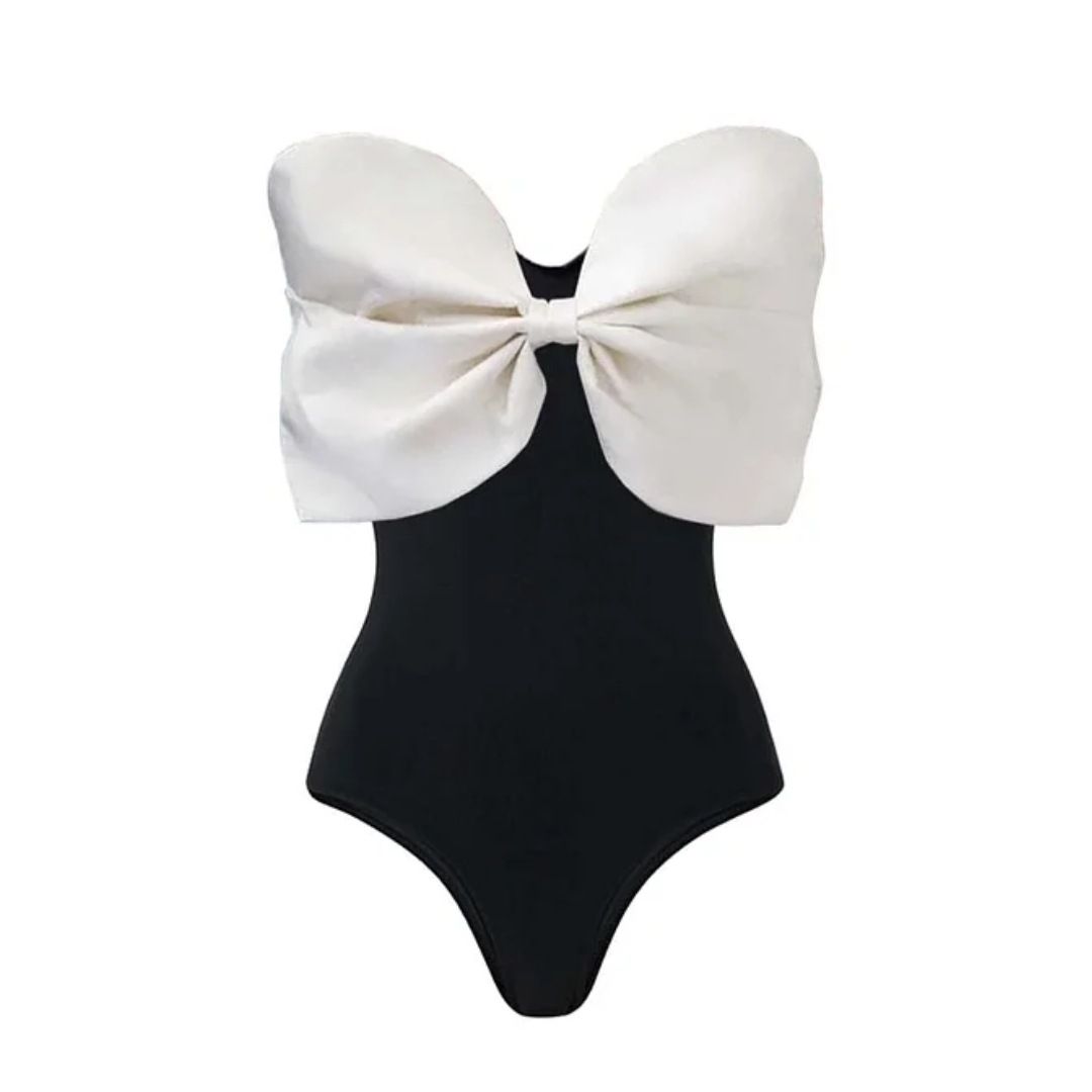 Women's Black & White Tube Top One-Piece Swimsuit With Bow - Stylish Bathing Suit For Women_voghion.com