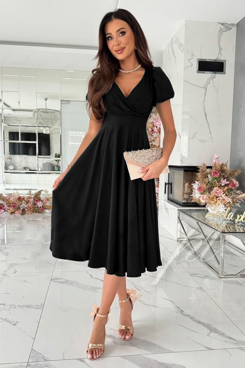 Damen Neues Pendlerkleid in Volltonfarbe mit V-Ausschnitt, Puffärmeln, langem Swing und kurzen Ärmeln_voghion.com