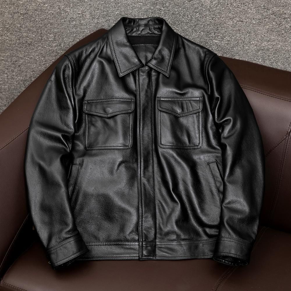 Men's Faux Leather Jacket With Cotton Lining, Relaxed Fit Double Breasted Bomber Coat For Casual Wear (Black/Brown, Thin/Thick Options)_voghion.com